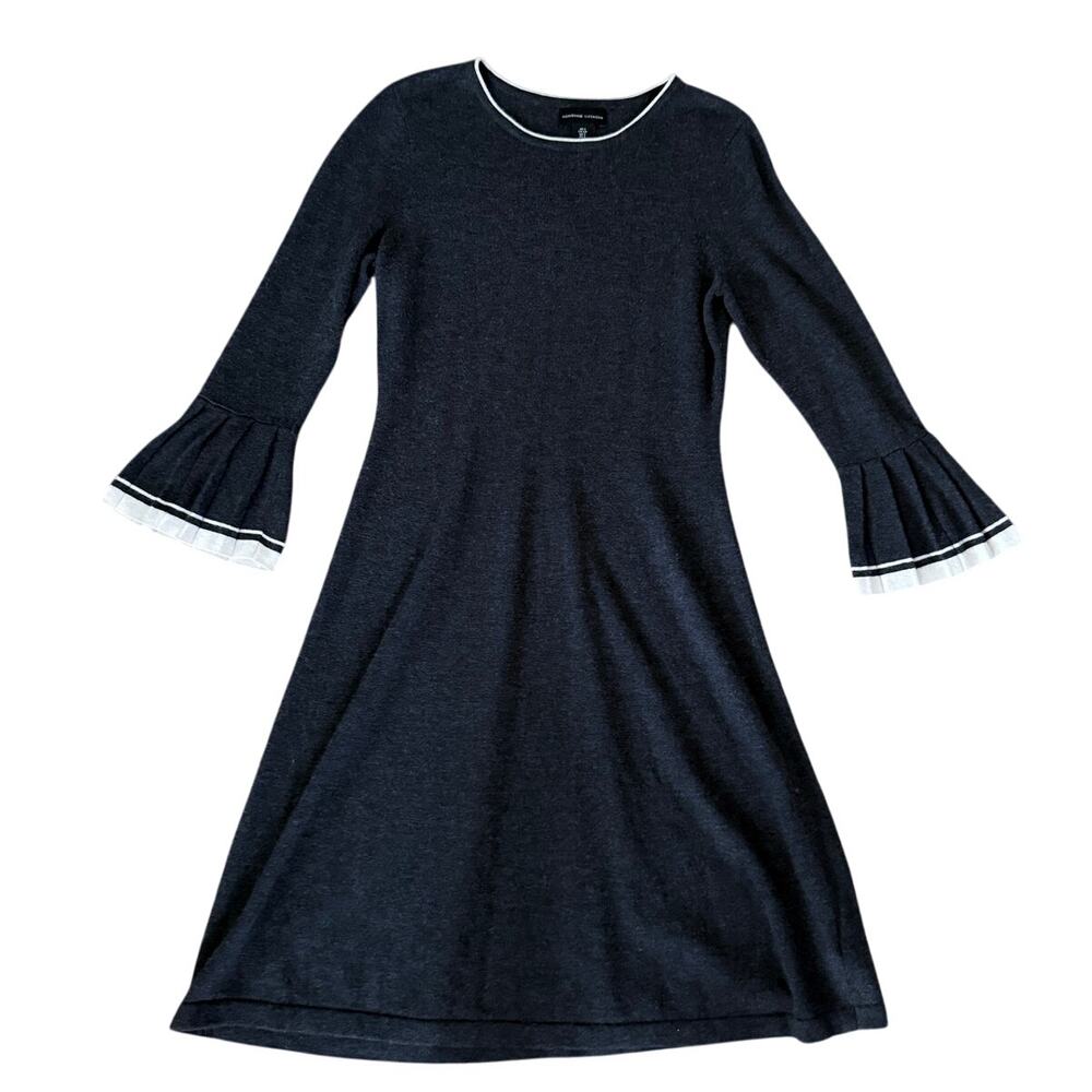 ADRIENNE VITTADINI charcoal gray white pleated merino wool flare sleeve dress